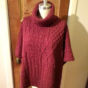 Kilronan Knitwear burgundy wool cable knit cowl neck poncho